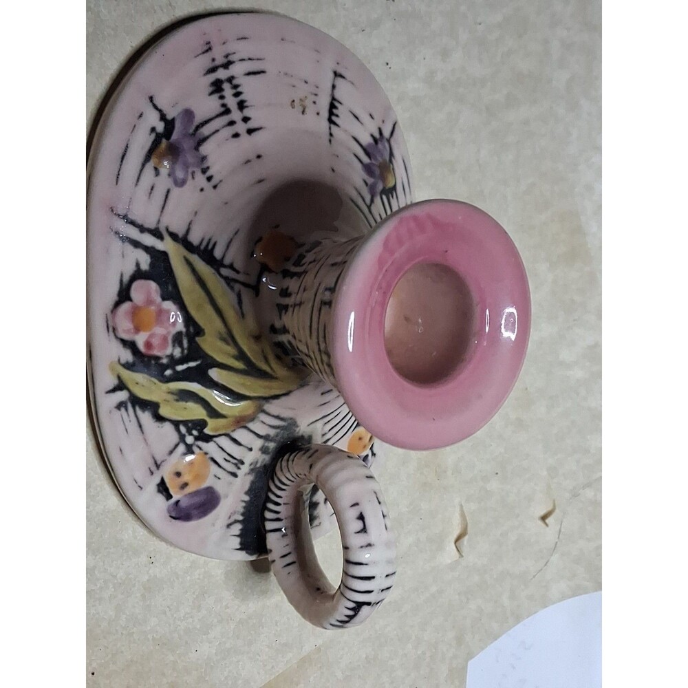 one '55 HULL Art Pottery USA T11 BLOSSOM FLITE Pink Candle Holder Finger Loop